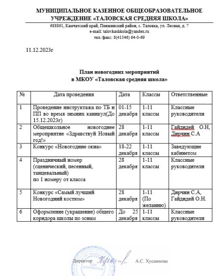 План новогодних мероприятий.